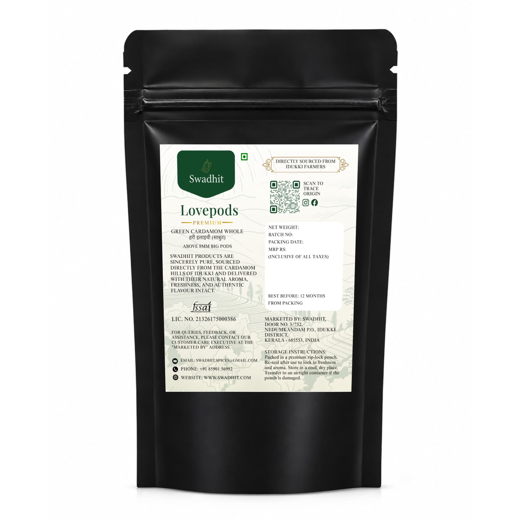 Swadhit Lovepods Premium Green Cardamom Whole (Hari Elaichi Choti Elachi) 8mm Bold 100 Pure Single Origin Idukki Grade Whole Spices Fully Packed Seed-Rich Pods, Dye-Free- Back