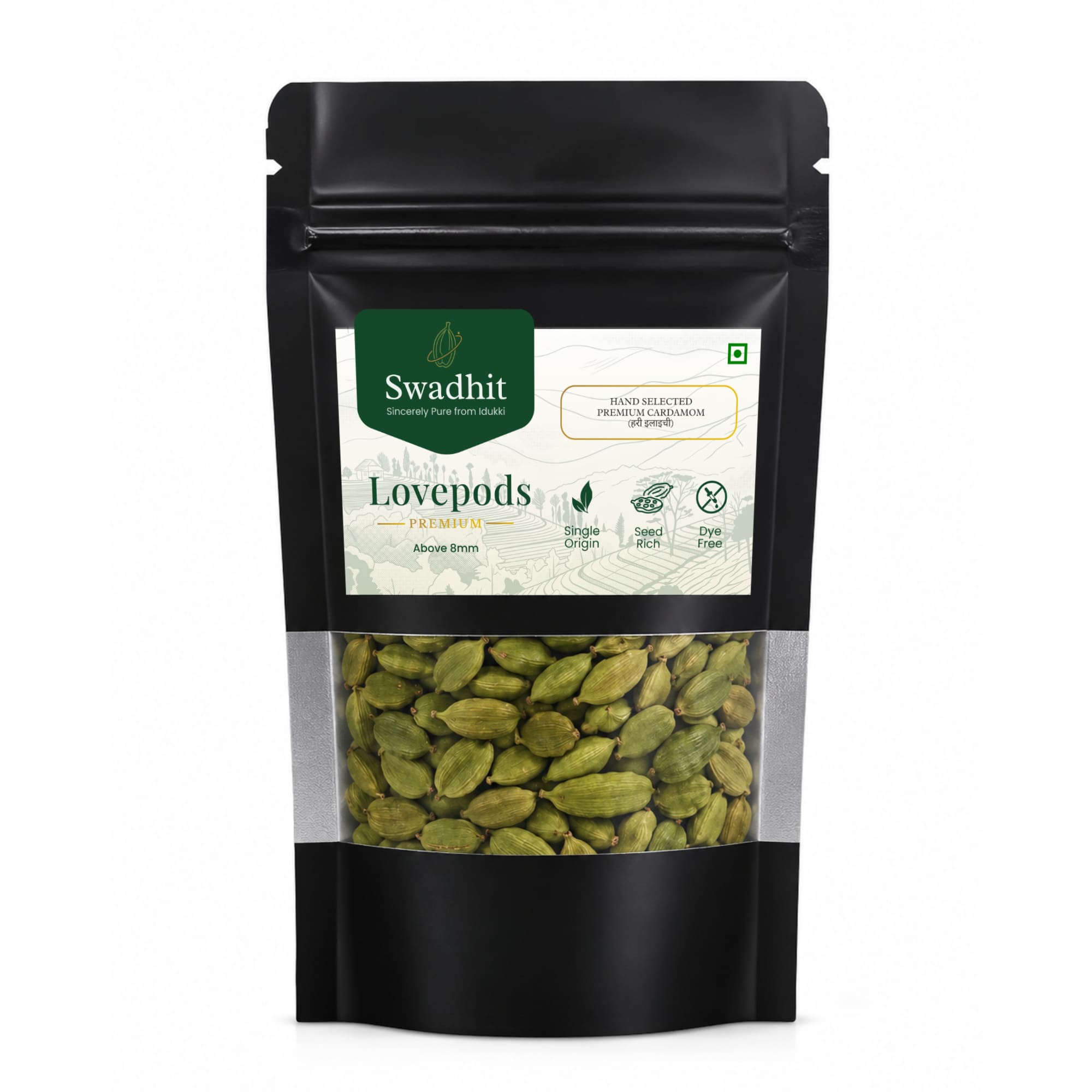 Swadhit Lovepods Premium Green Cardamom Whole (Hari Elaichi Choti Elachi) 8mm Bold 100 Pure Single Origin Idukki Grade Whole Spices Fully Packed Seed-Rich Pods, Dye-Free- Front